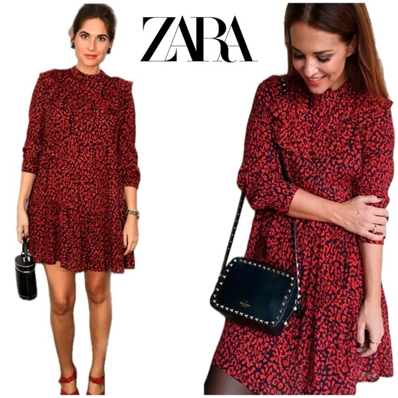 Zara dark Red‎ Animal Print Tiered Ruffle Babydoll dress XS coquette lolita - Picture 4 of 16